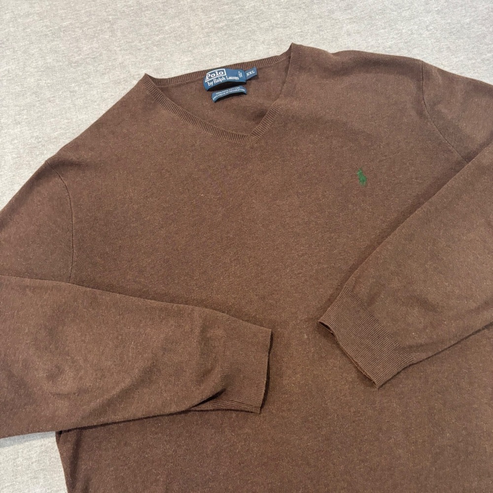 Polo Ralph Lauren Mens XXL Brown V-Neck Pima Cotton Sweater Green Pony Logo